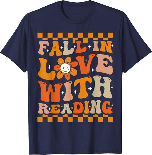 Fall In Love With Reading Books Groovy Thanksgiving Teacher T-Shirt - T-Shirt | Navy