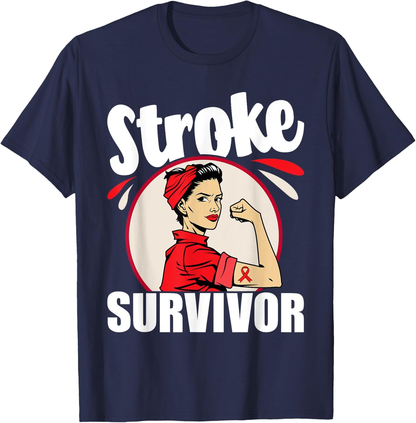 Stroke Survivor - Stroke Awareness Red Ribbon Brain Attack T-Shirt - T-Shirt | Navy