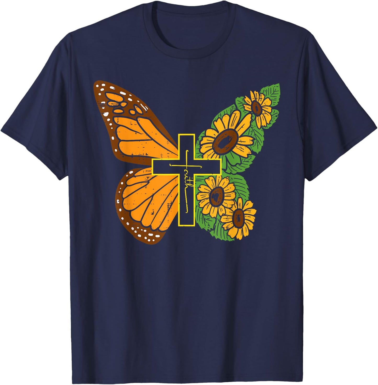 Butterfly Sunflower Cross Faith God Jesus Christian Women T-Shirt - T-Shirt | Navy
