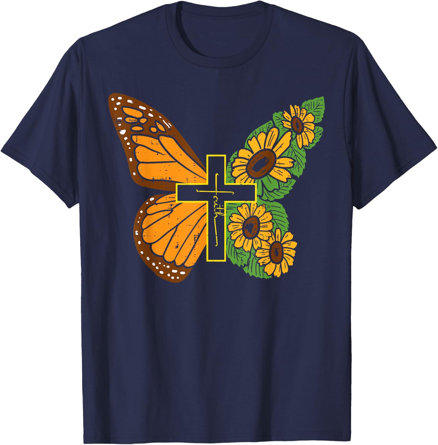 Butterfly Sunflower Cross Faith God Jesus Christian Women T-Shirt - T-Shirt | Navy