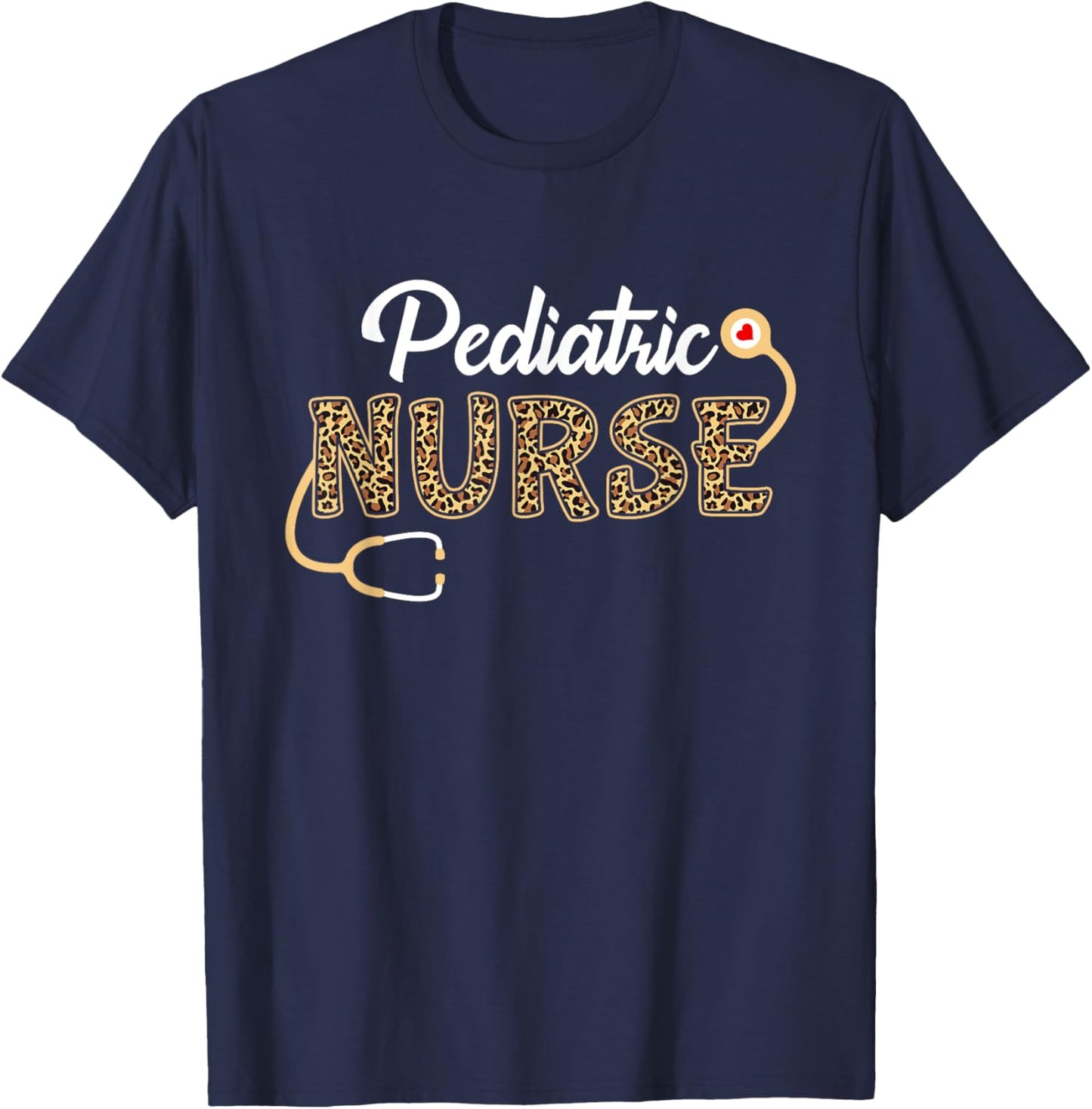 Pediatric Nurse Leopard Print Stethoscope Heart Nursing T-Shirt - T-Shirt | Navy