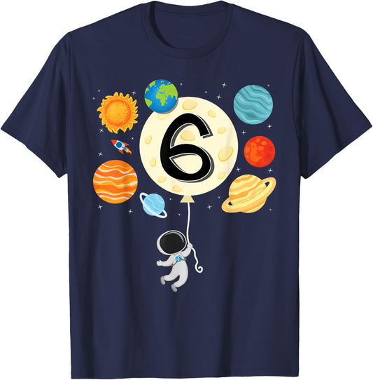 Astronaut Balloon Planets 6th Birthday Space theme science T-Shirt - T-Shirt | Navy