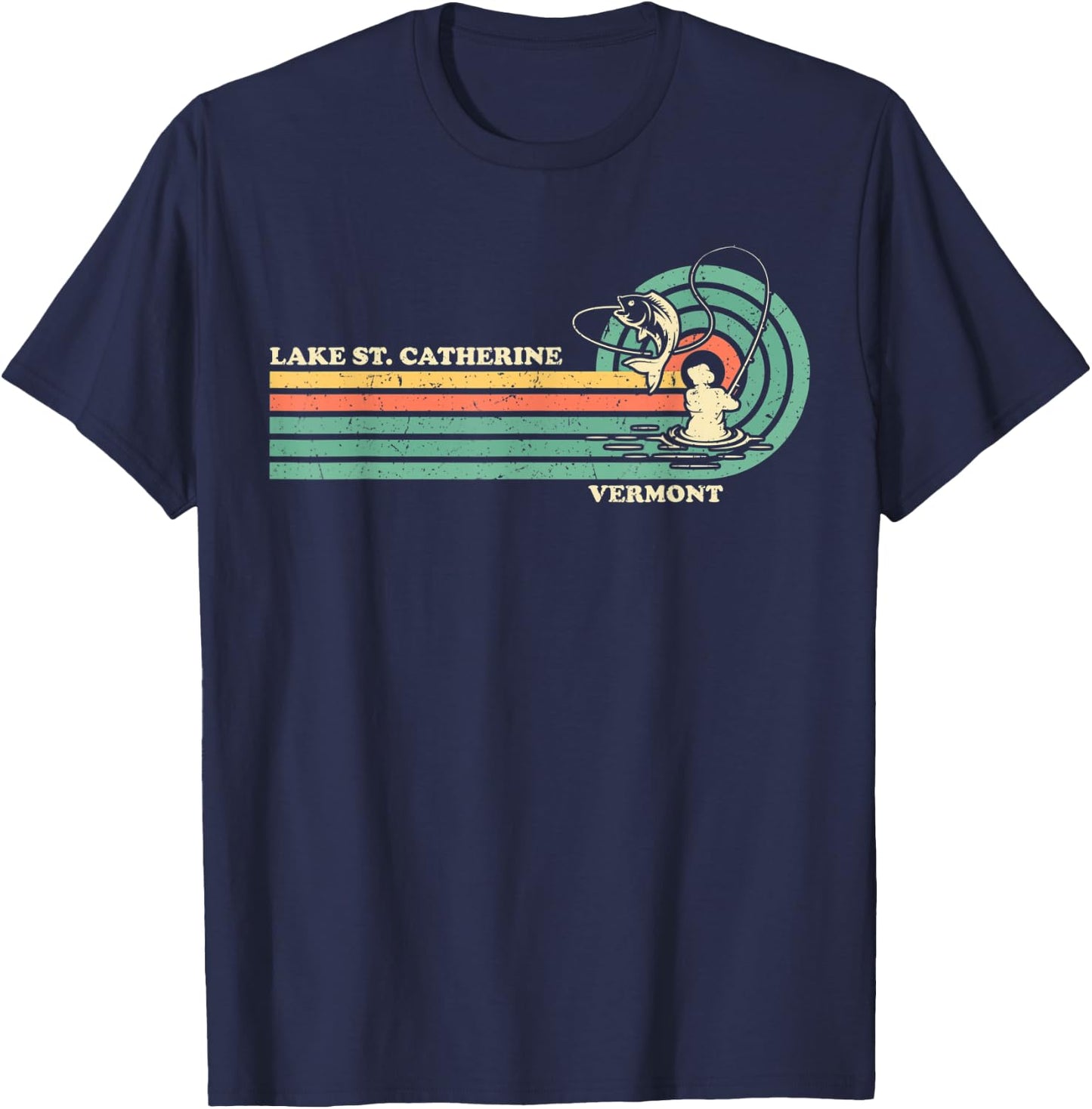 Vintage Retro Summer Fishing Vermont St. Catherine Lake Men Women Kids T-Shirt - T-Shirt | Navy