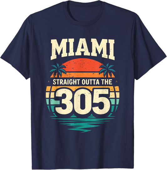 Miami Straight Outta The 305 Vintage Sunset Florida T-Shirt - T-Shirt | Navy