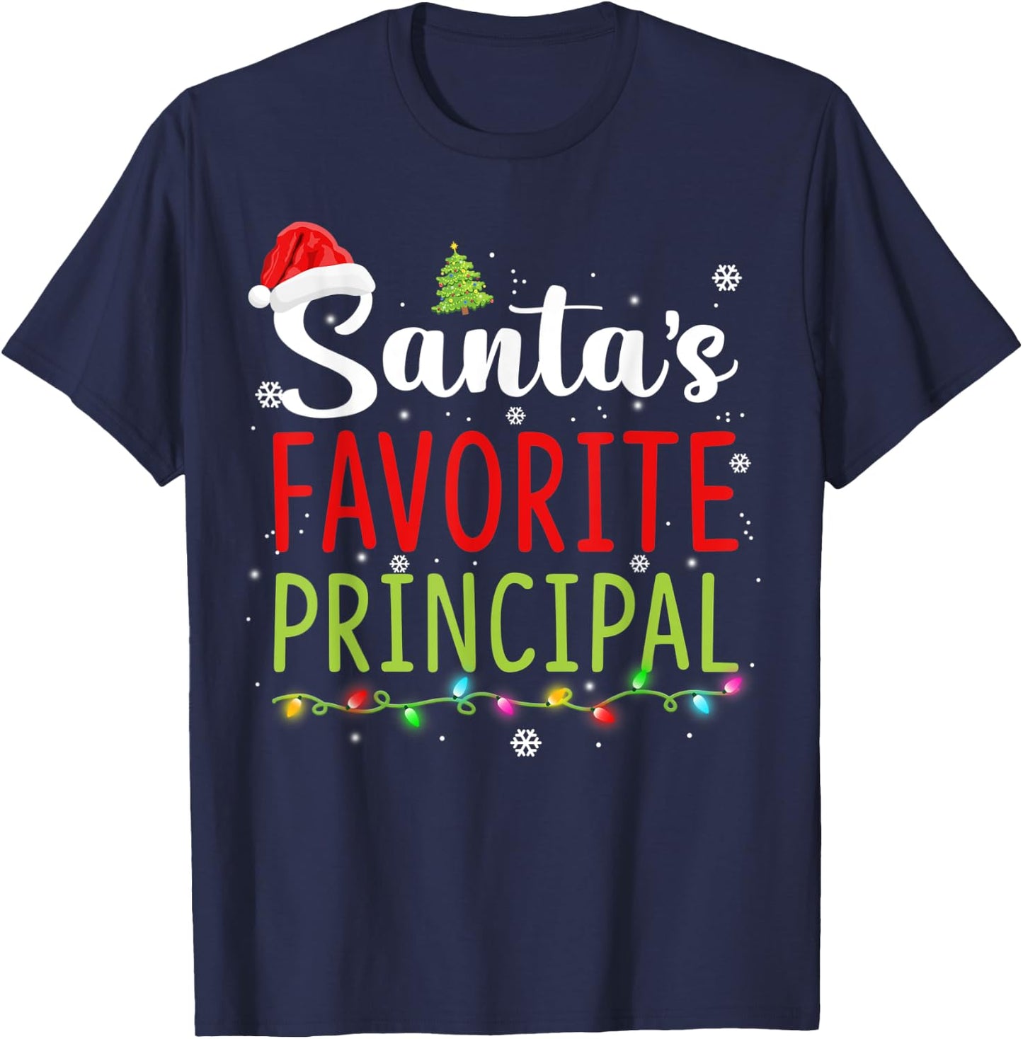 Santa's Favorite Principal Christmas Santa Hat Lights Gifts T-Shirt - T-Shirt | Navy