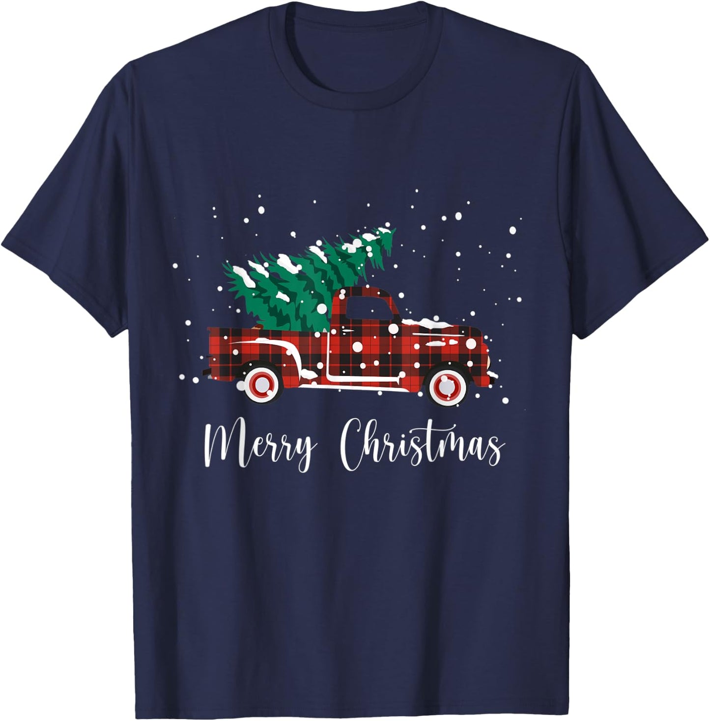 Merry Christmas Buffalo Truck Tree Red Plaid T-Shirt - T-Shirt | Navy