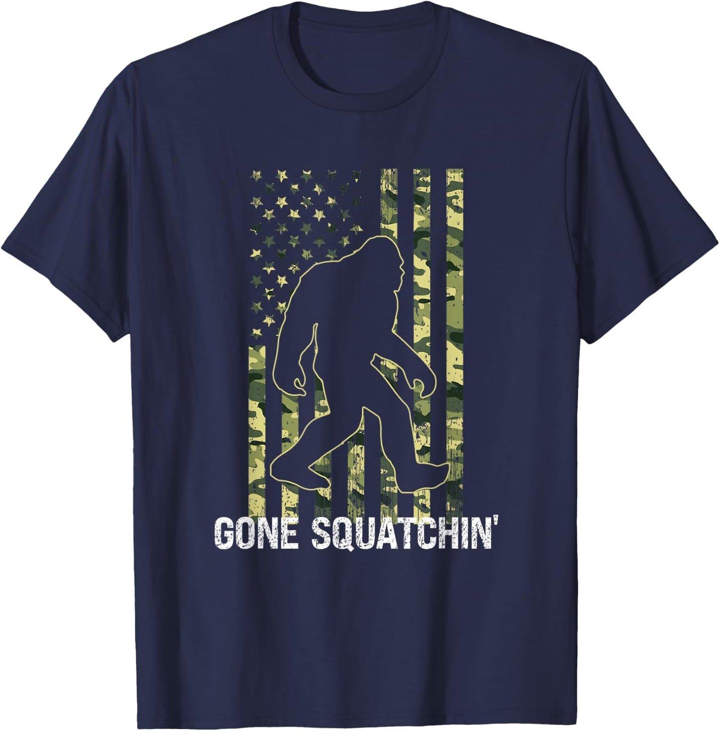 Gone Squatchin' Funny Bigfoot American Flag Camo Sasquatch Kids Men T-Shirt - T-Shirt | Navy