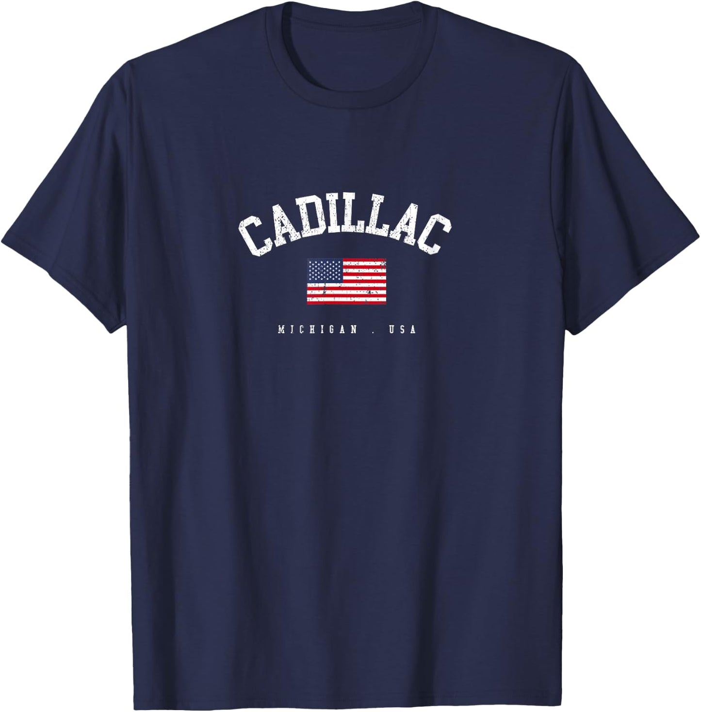 Cadillac MI Retro American Flag USA City Name T-Shirt - T-Shirt | Navy