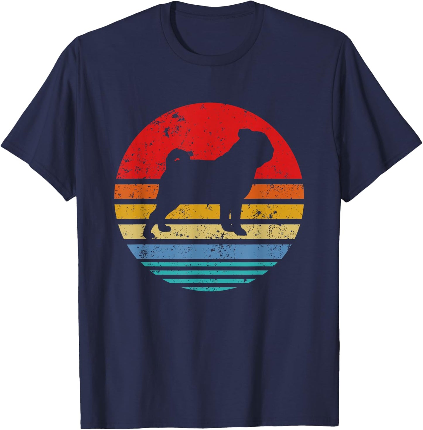 Pug Retro Sunset Distressed Mom Dad Dog Lover Gift Men Women Girls Kids T-Shirt - T-Shirt | Navy