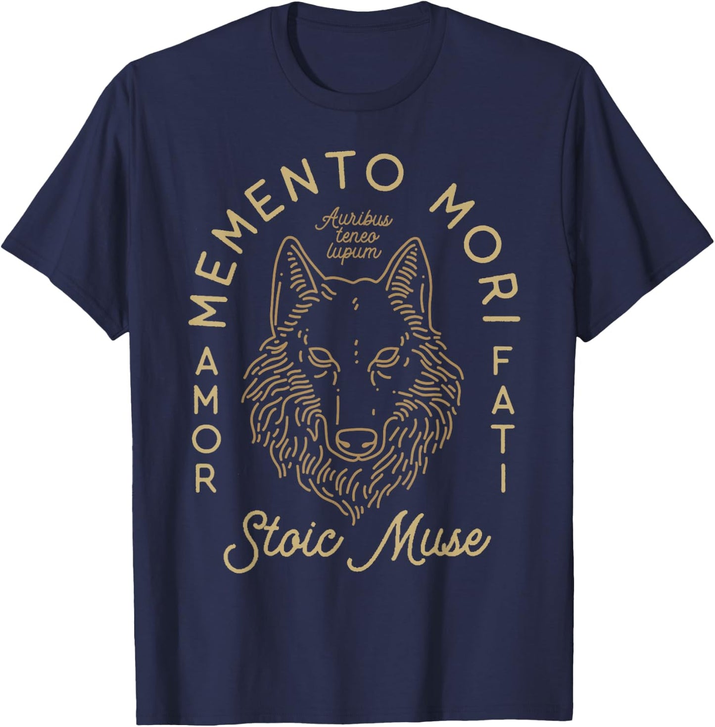 Auribus Teneo Lupum Memento Mori Amor Fati Wolf Graphic T-Shirt - T-Shirt | Navy