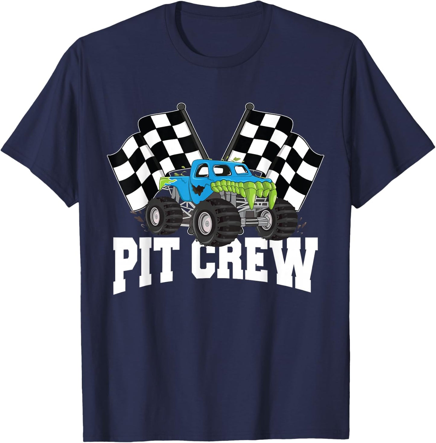 Pit Crew Monster Truck Racing Party and Checked Flag T-Shirt - T-Shirt | Navy