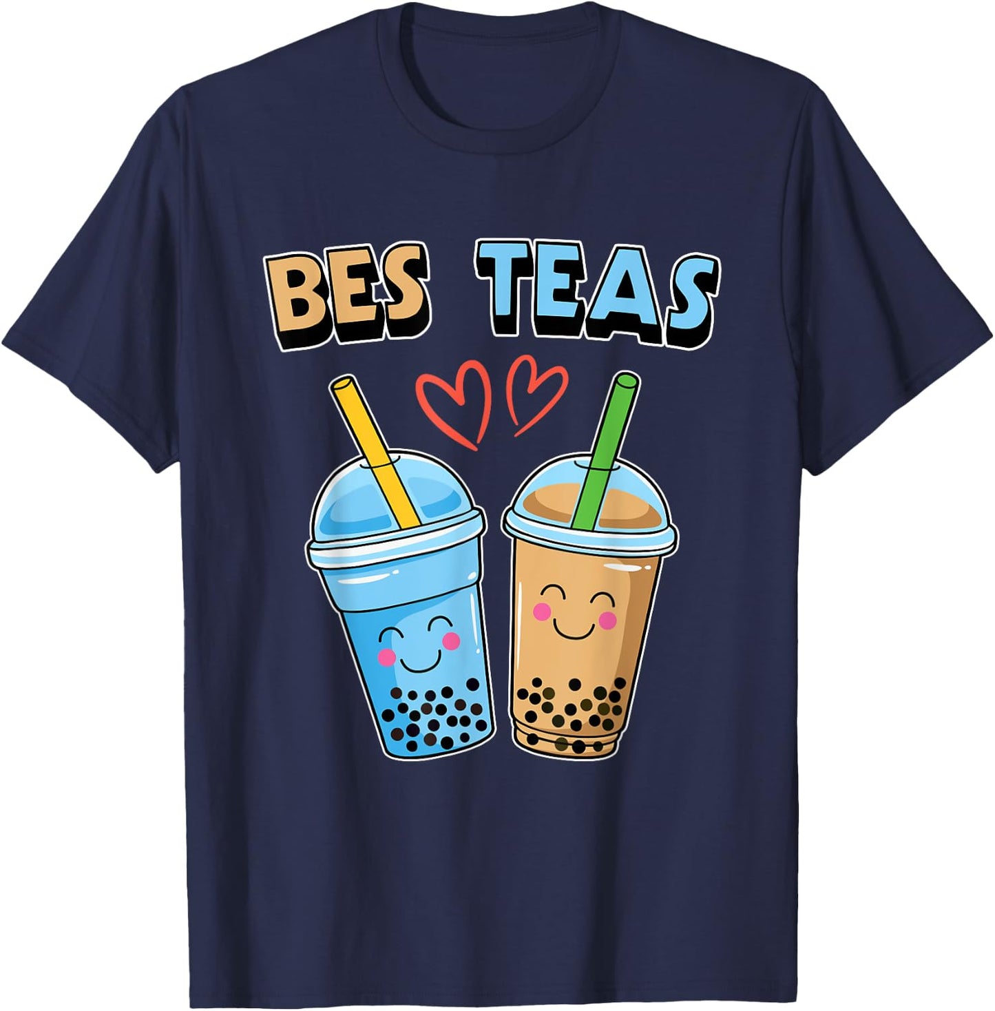 Boba Bubble Tea Bes Teas Kawaii Cute Bestie Blue and Brown T-Shirt - T-Shirt | Navy