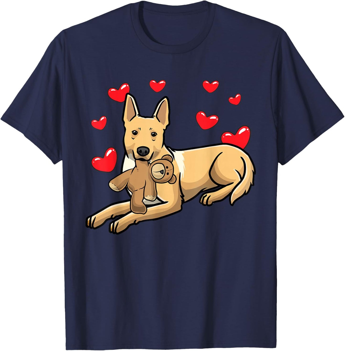 Carolina Dog Dog With Stuffed Animal And Hearts T-Shirt - T-Shirt | Navy