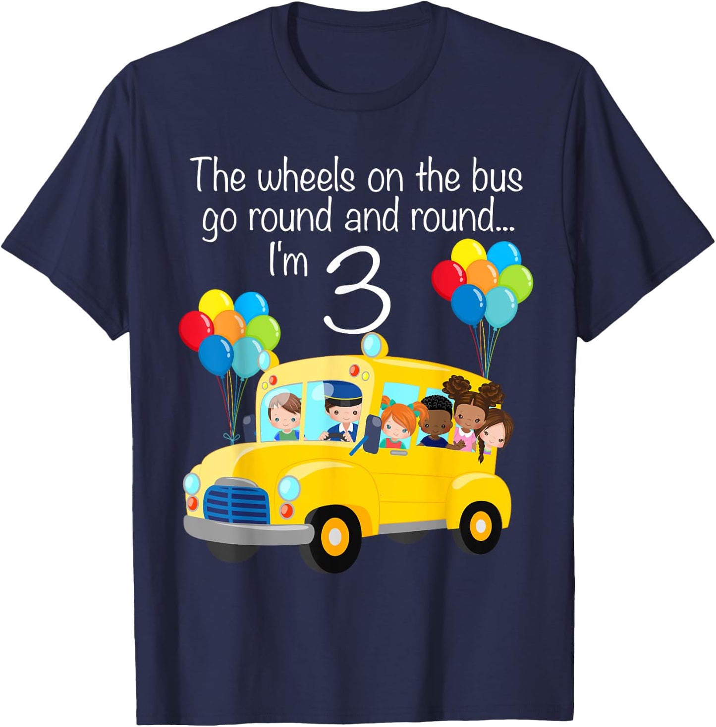 The Wheels On The Bus 3rd Birthday 3 Years Old Yellow Bus T-Shirt - T-Shirt | Navy