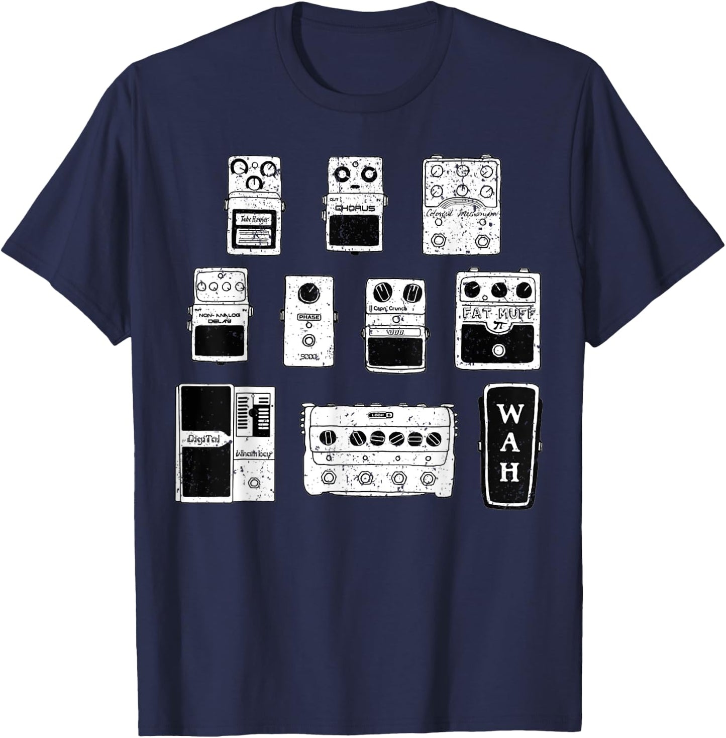 Vintage Guitar Pedals Black & White Music Gear Graphic T-Shirt - T-Shirt | Navy