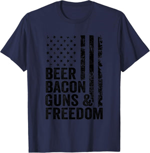Beer Bacon Guns & Freedom / USA BBQ American Flag Drinking T-Shirt - T-Shirt | Navy