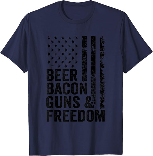 Beer Bacon Guns & Freedom / USA BBQ American Flag Drinking T-Shirt - T-Shirt | Navy
