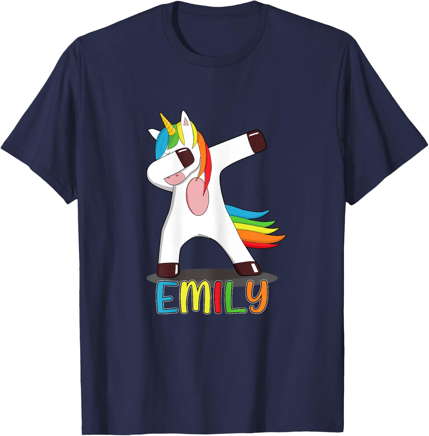 Emily Name - First Name Emily - Colourful Dabbing Unicorn T-Shirt - T-Shirt | Navy