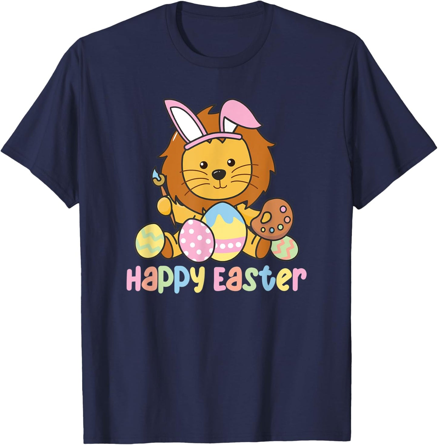 Happy Easter Cute Lion At Easter With Easter Eggs T-Shirt - T-Shirt | Navy