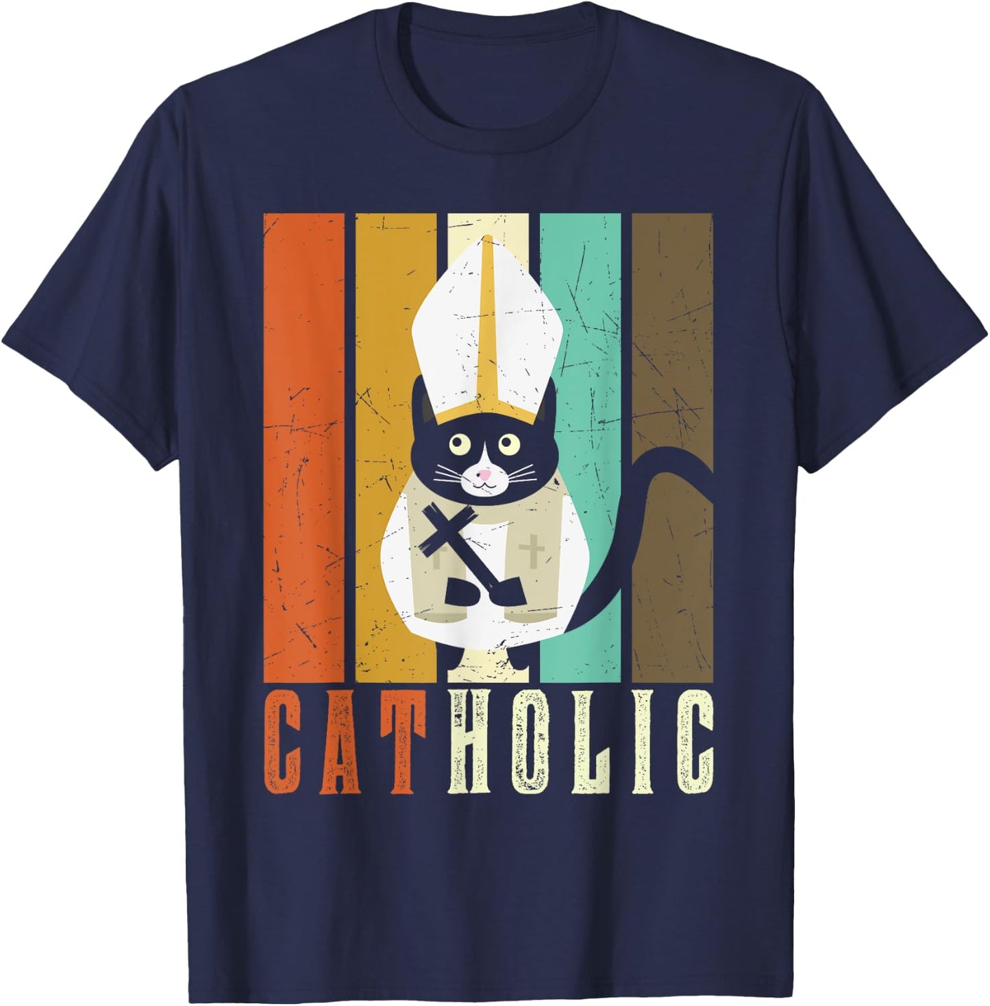 Funny Catholic T Shirts, Cat-holic Cat Lover Retro Vintage T-Shirt - T-Shirt | Navy