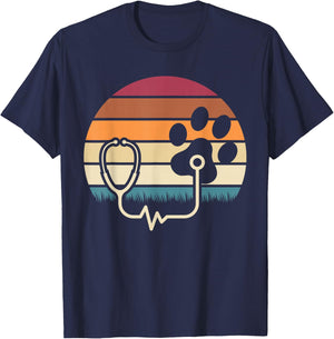 Retro Paw Stethoscope Vet Tech Funny Veterinary Technician T-Shirt - T-Shirt | Navy