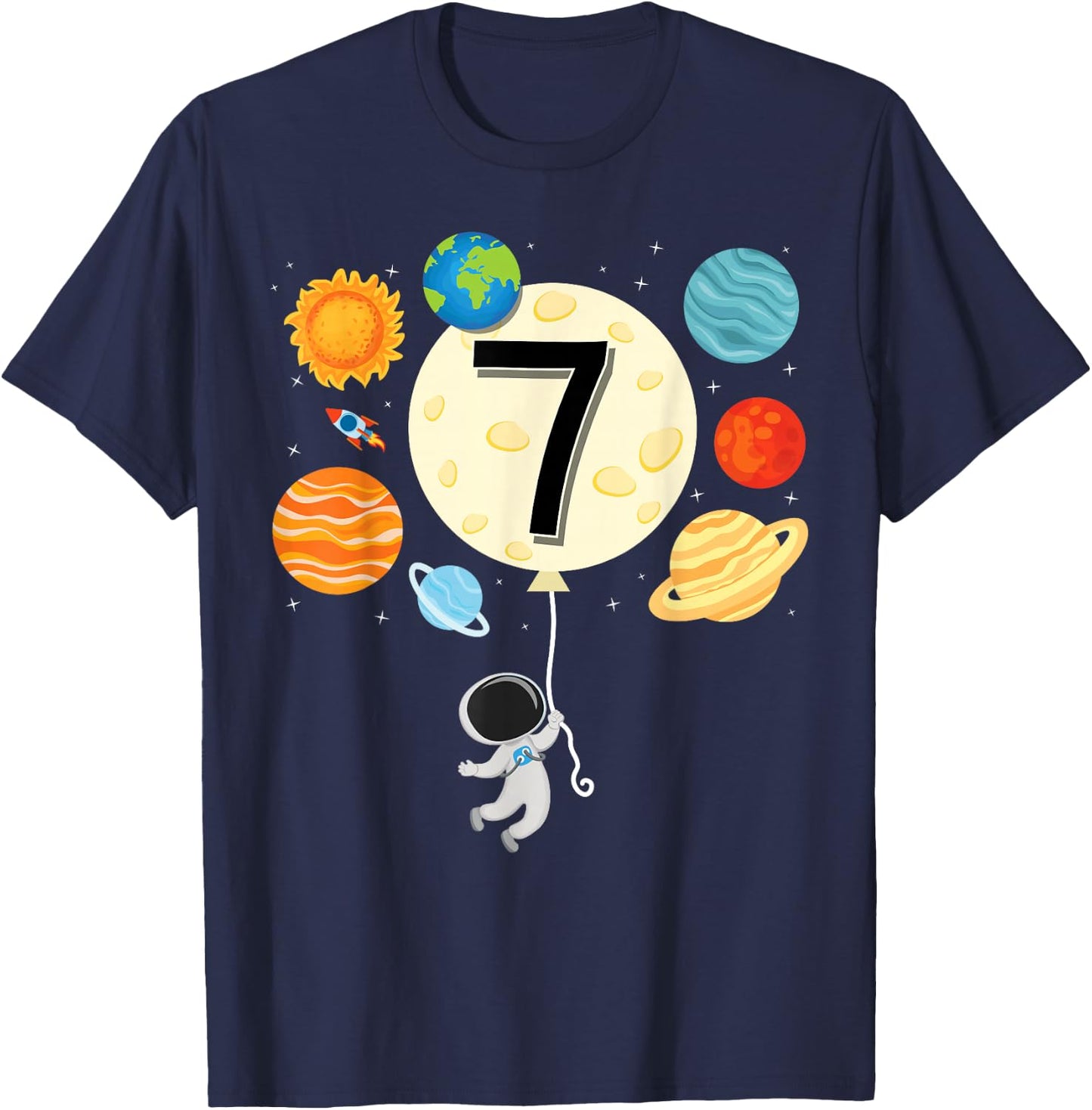Astronaut Balloon Planets 7th Birthday Space 7 Year Old Kids T-Shirt - T-Shirt | Navy