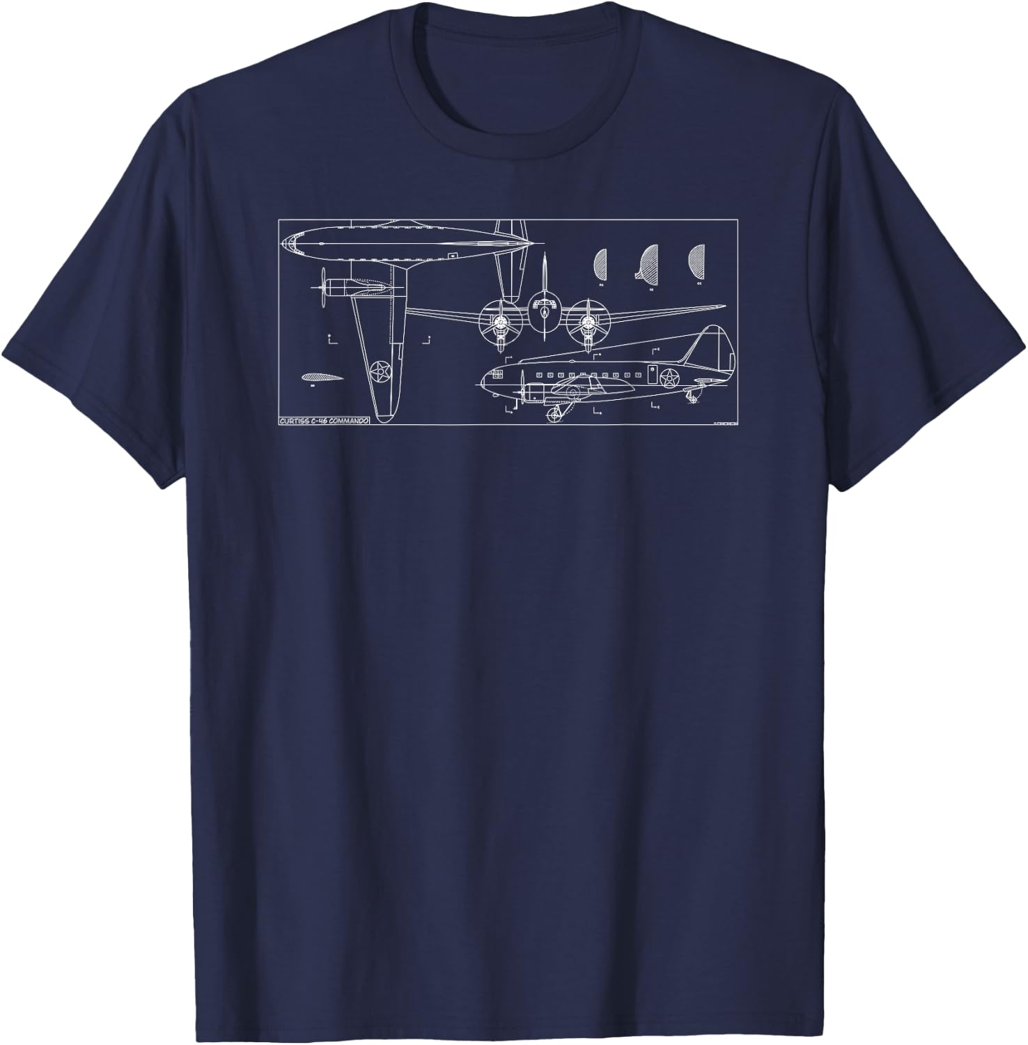 C-46 Commando American WW2 Transport Plane Blueprint T-Shirt - T-Shirt | Navy
