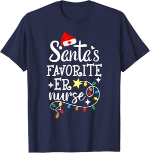 Merry Christmas Nurse Crew RN ED Santa's Favorite ER Nurse T-Shirt - T-Shirt | Navy