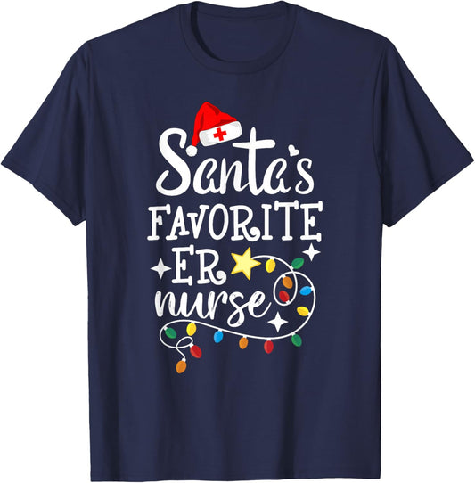 Merry Christmas Nurse Crew RN ED Santa's Favorite ER Nurse T-Shirt - T-Shirt | Navy