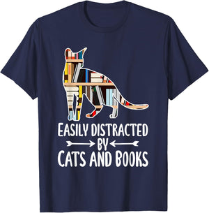 Easily Distracted by Cats And Books Funny Reader Cat Lovers T-Shirt - T-Shirt | Navy