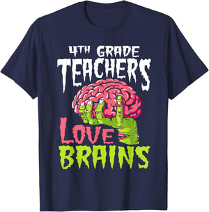 4th Grade Teachers Love Brains Zombie Teacher Halloween Men Women Kids T-Shirt - T-Shirt | Navy