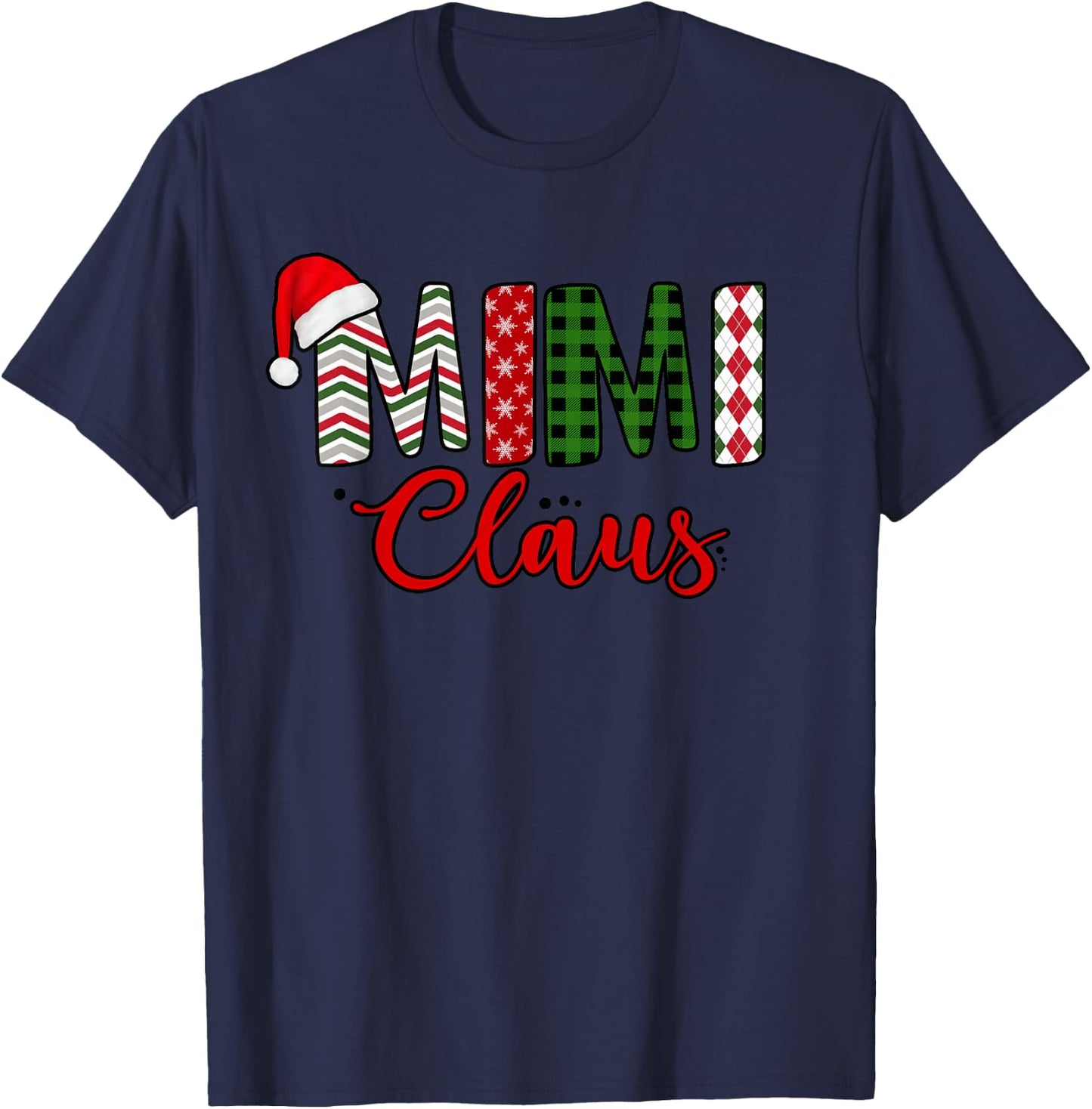 Funny Mimi Claus Santa Hat Red Plaid Christmas Matching T-Shirt - T-Shirt | Navy