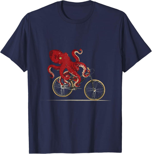 Funny Graphic Octopus Bicycle Graphic Men Women Retro Hobby T-Shirt - T-Shirt | Navy