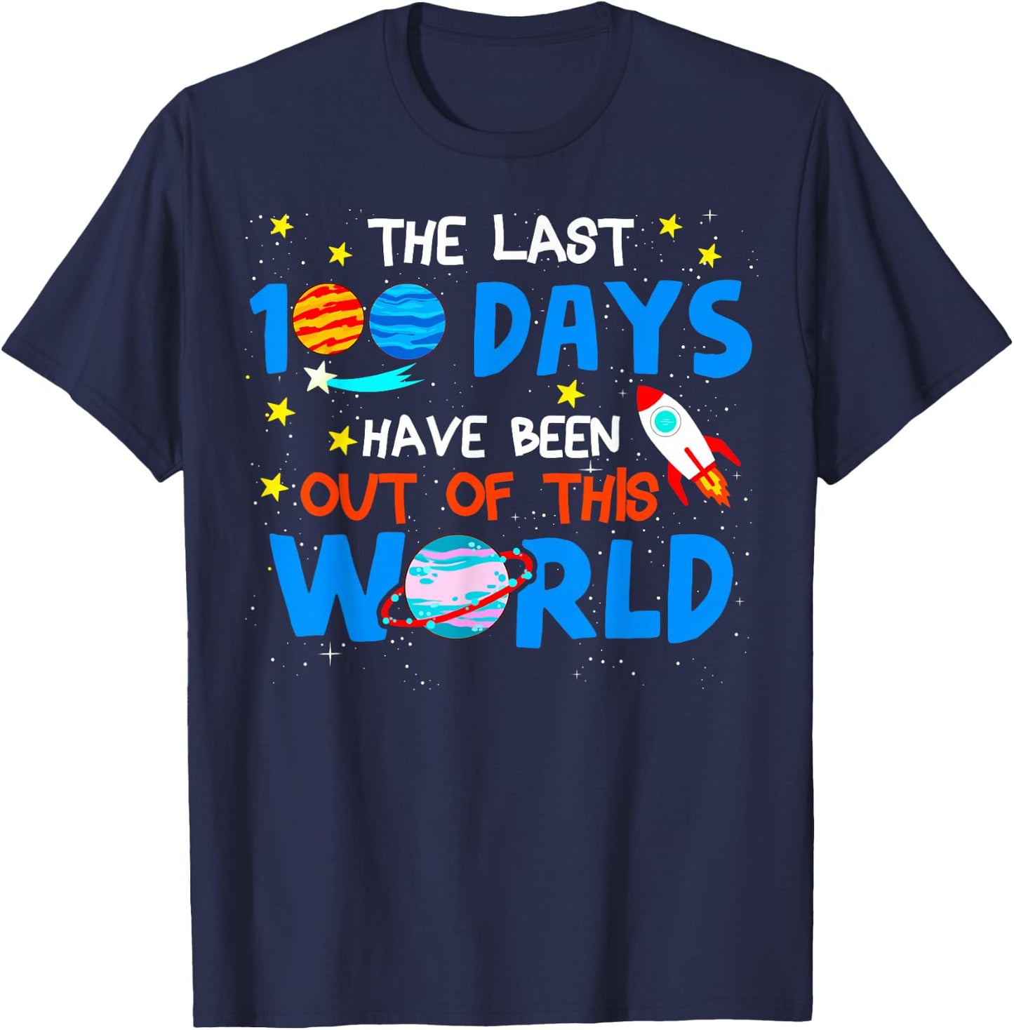 100 Days Of School Boys Outer Space Astronaut Planets Rocket T-Shirt - T-Shirt | Navy