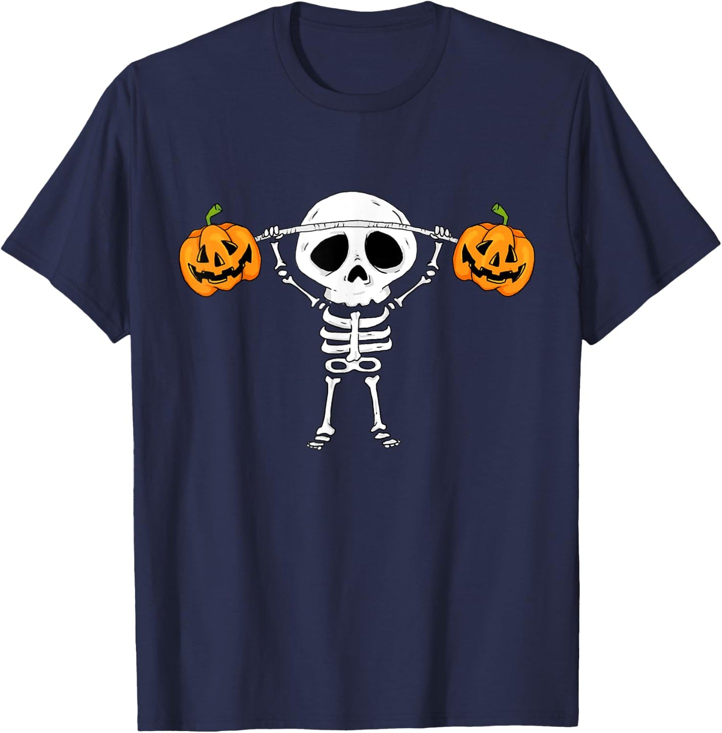 Skeleton Lifting Pumpkins Funny Halloween Snatch Barbell T-Shirt - T-Shirt | Navy