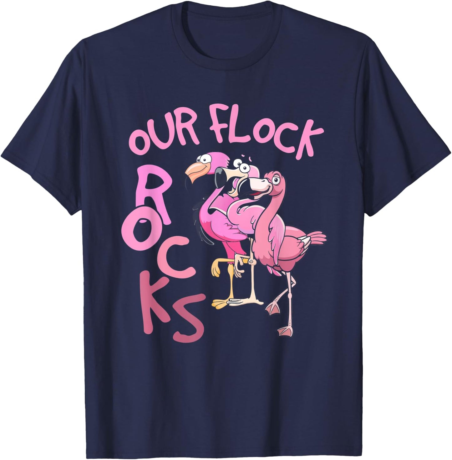 Our Flock Rocks Flamingo Matching Family Vacation Group T-Shirt - T-Shirt | Navy