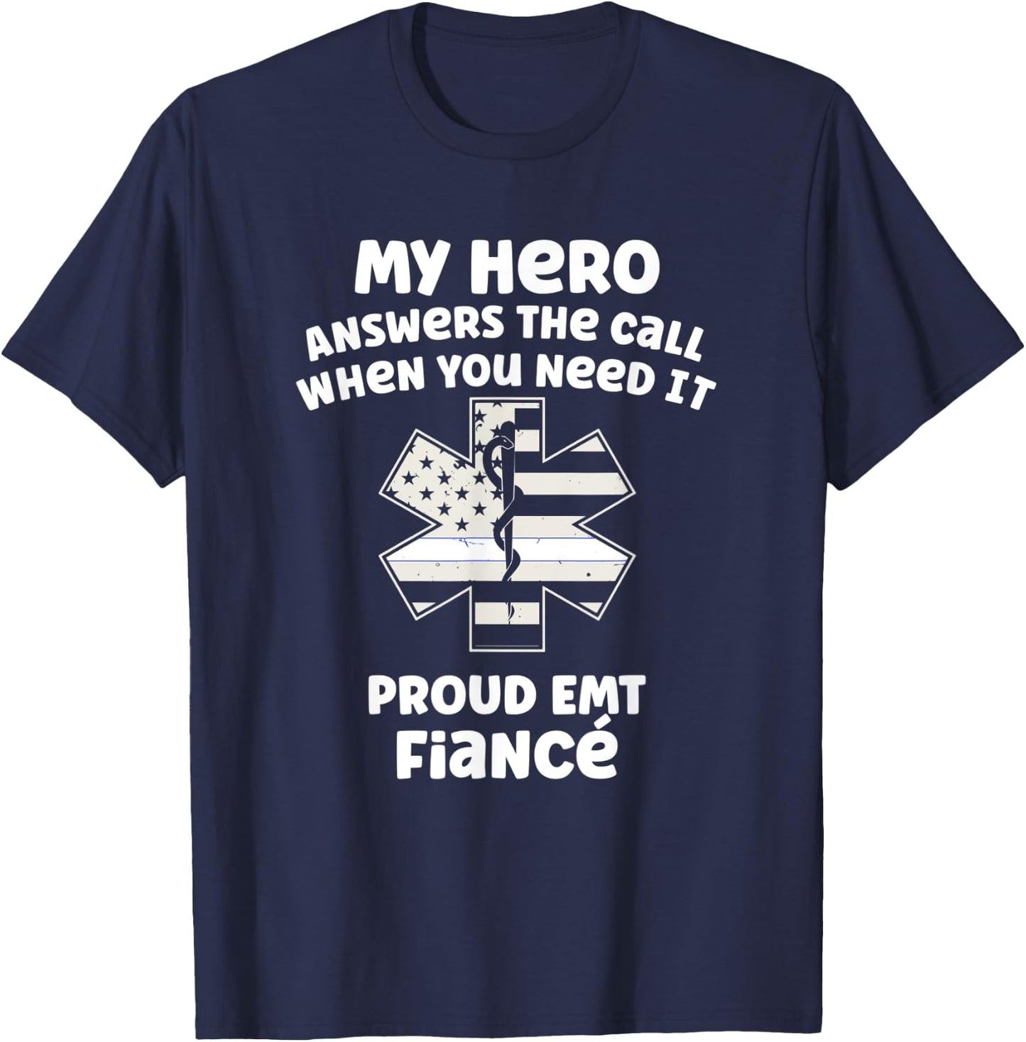Proud EMT Fiancé Thin White Line American Flag T-Shirt - T-Shirt | Navy
