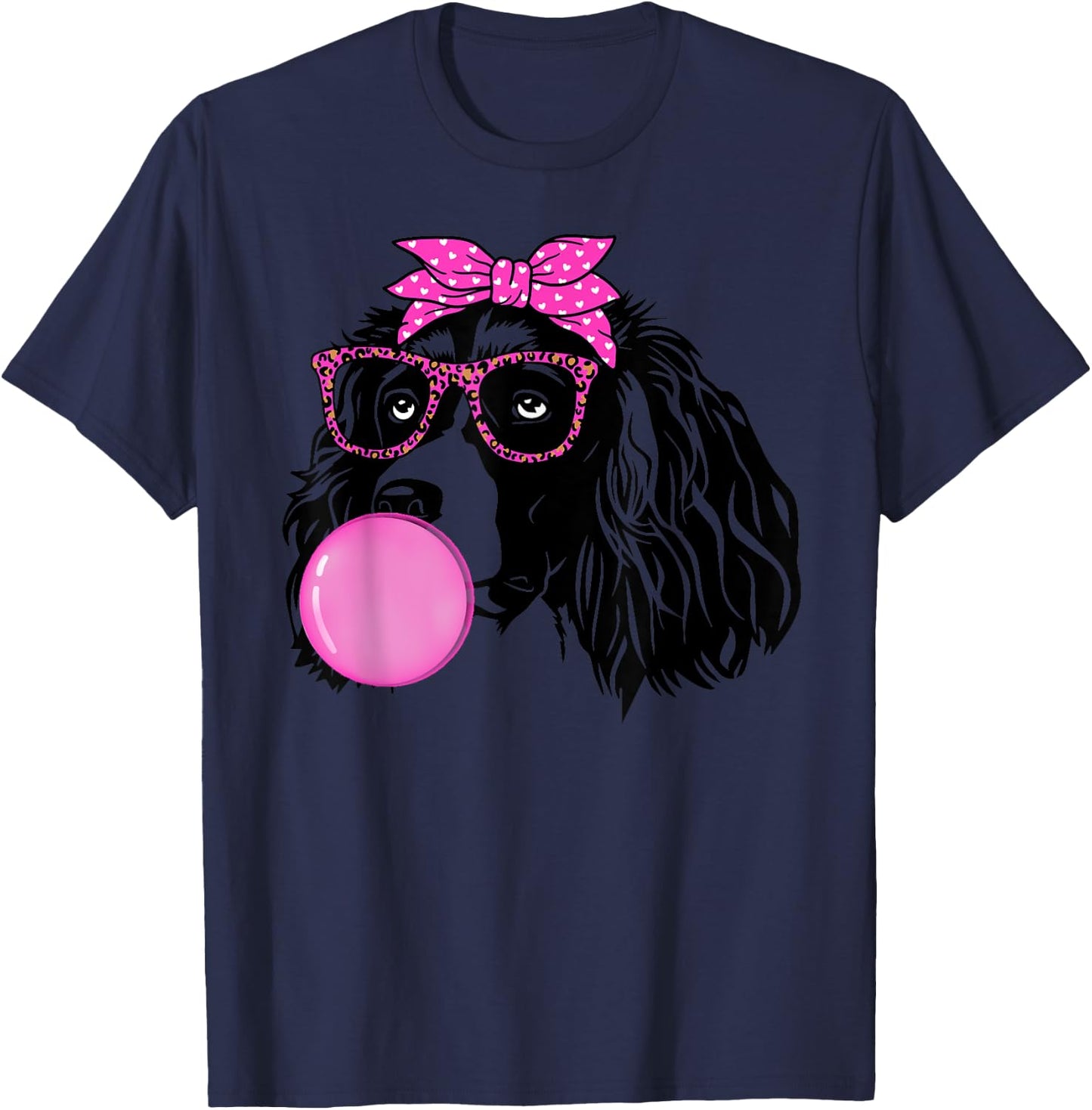 English Springer Spaniel with bubble gum bandana glasses T-Shirt - T-Shirt | Navy