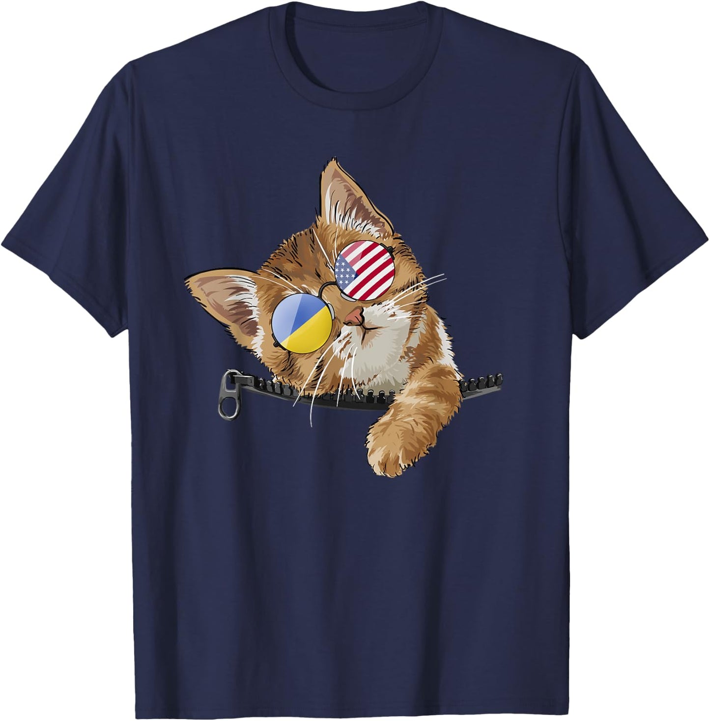 Cute Cat Kitten American Ukrainian Flag Sunglusses T-Shirt - T-Shirt | Navy