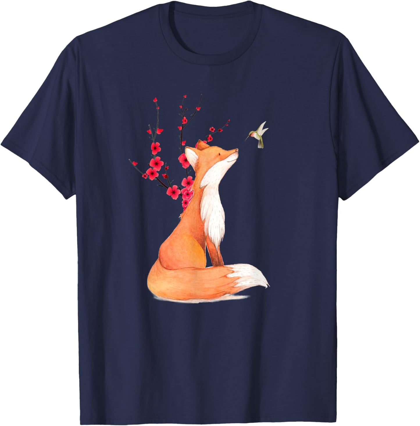 The Cute Fox And Hummingbird Cherry Blossom Flower Present T-Shirt - T-Shirt | Navy