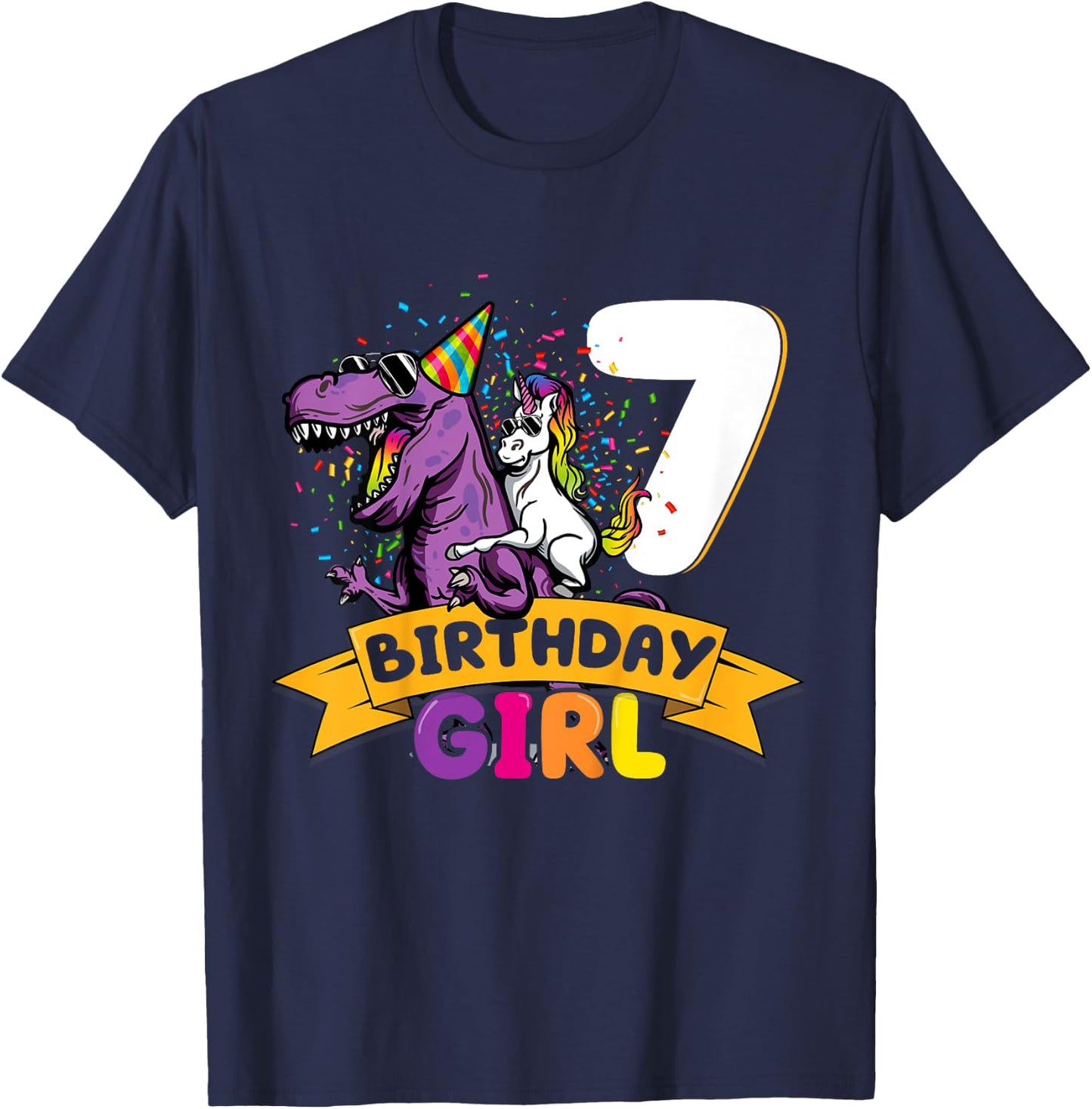 Dinosaur Unicorn 7 Birthday Decoration 7 Dino Girl 7 Years T-Shirt - T-Shirt | Navy