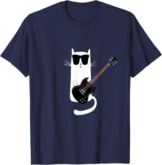 Funny Cat Wearing Sunglasses Playing Electric Guitar T-Shirt - T-Shirt | Navy