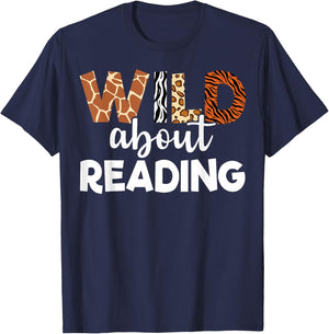 Wild About Reading Teacher Reading Books Back To School T-Shirt - T-Shirt | Navy