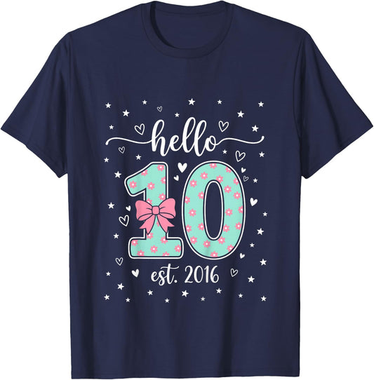 Hello Ten Est 2016 10th Birthday Bow Pink Girl Turning 10 T-Shirt - T-Shirt | Navy