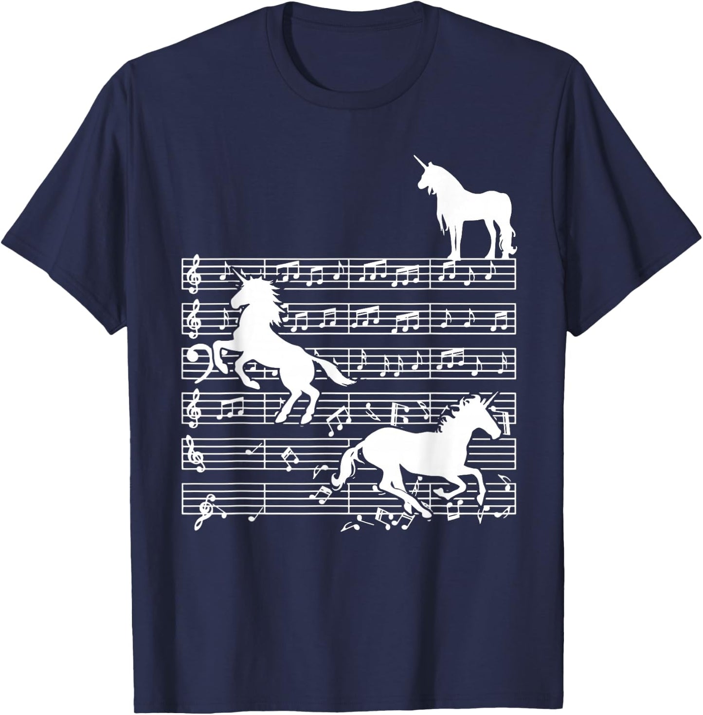 Music Notes with Unicorn on Music Sheet - Music Teacher T-Shirt - T-Shirt | Navy