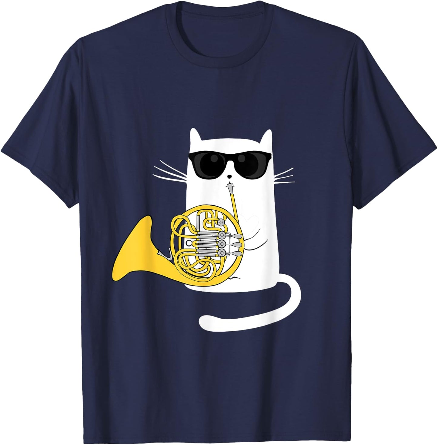 Funny Jazz Cat Wearing Sunglasses Playing French Horn Men Women Girls Kids T-Shirt - T-Shirt | Navy
