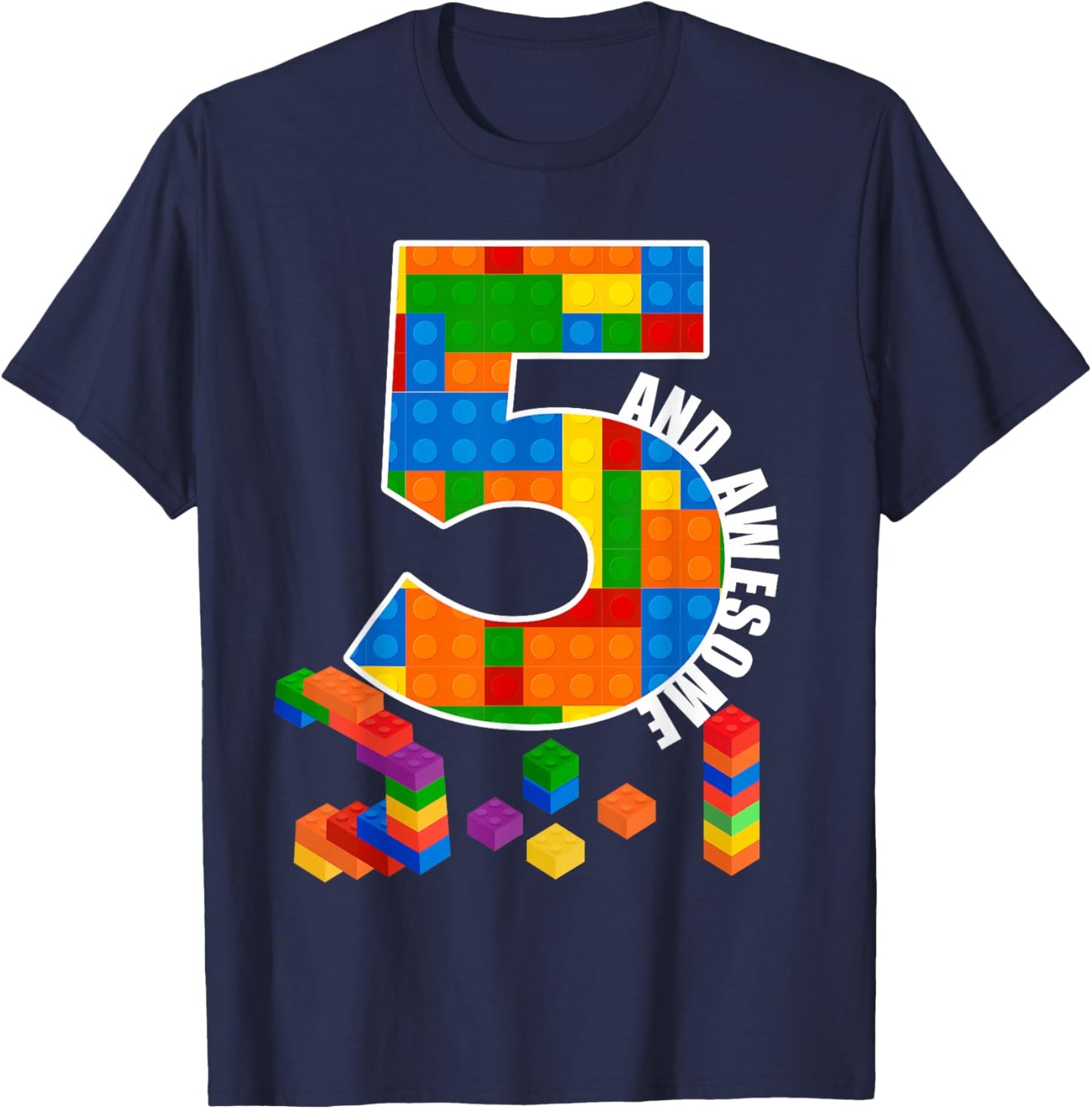Building Blocks Bricks 5 Year Old Awesome Birthday Boy T-Shirt - T-Shirt | Navy