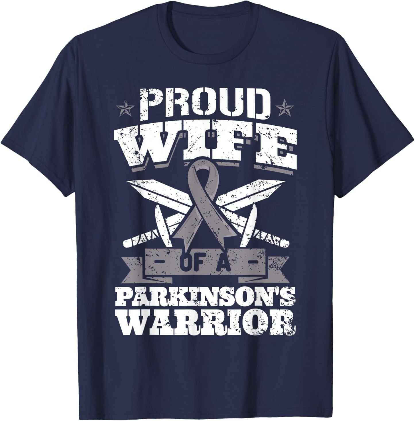 Proud Wife Of A Parkinson's Warrior PD Awareness Ribbon T-Shirt - T-Shirt | Navy