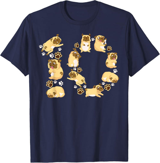 Cute Dog 10th Birthday Gift | Cool 10 Years Old Pug Boy Girl T-Shirt - T-Shirt | Navy