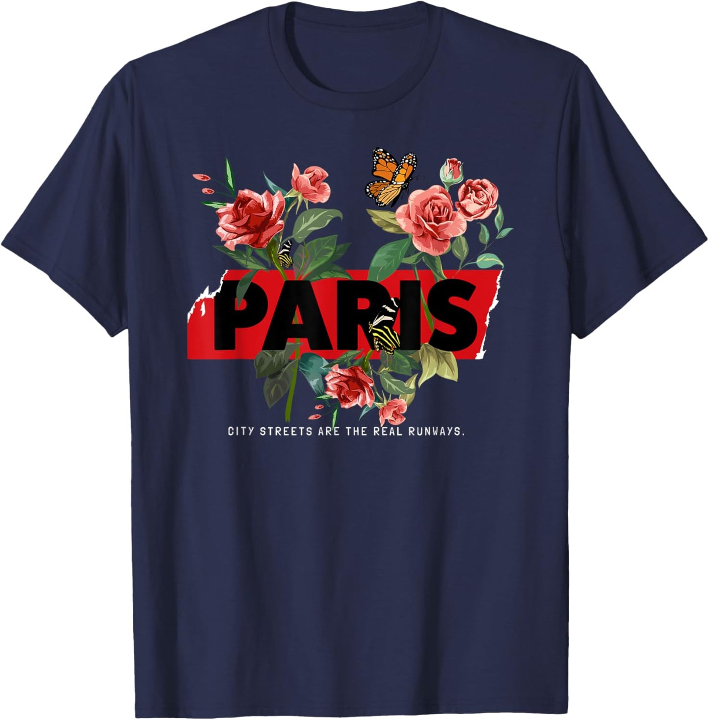 Floral Paris France With Butterflies Fashion Runway Graphic T-Shirt - T-Shirt | Navy